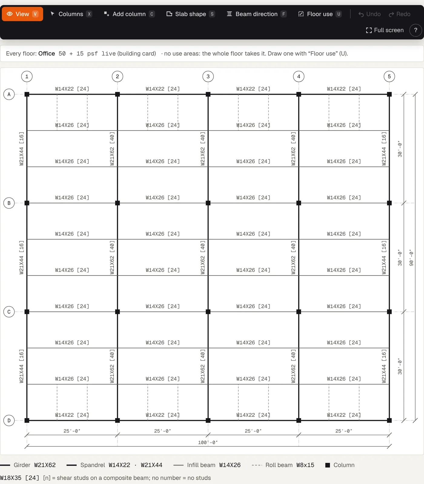 Steel framing plan of the same office: girders, spandrels and infill beams sized on the grid, with shear stud counts